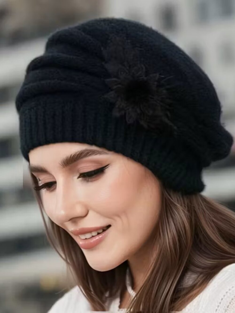 Black Women's Slouchy Beanie Beret Hat Winter Lined Floral Chemo Cap Warm